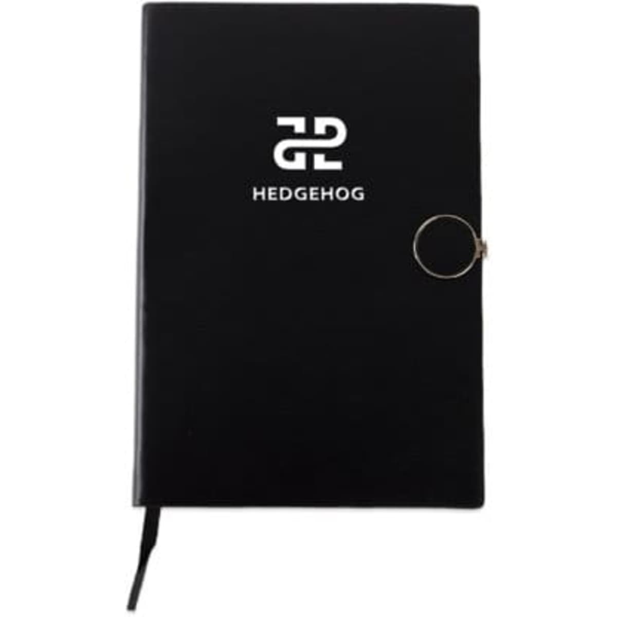 A5 dairy notebook in black with a round lock and a logo on the cover.
