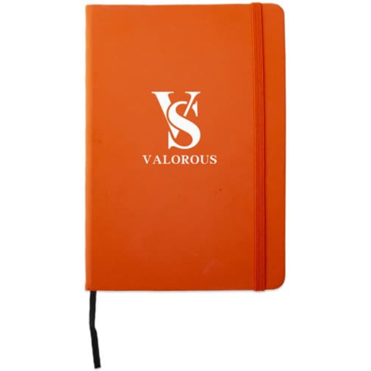 An orange A5 notebook with a strap and a logo on the cover. It features a black ribbon bookmark.