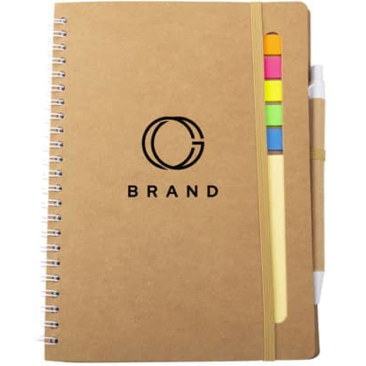 A5 kraft spiral notebook featuring sticky flags, a pen, and a logo. Includes vibrant multi-coloured sticky flags.