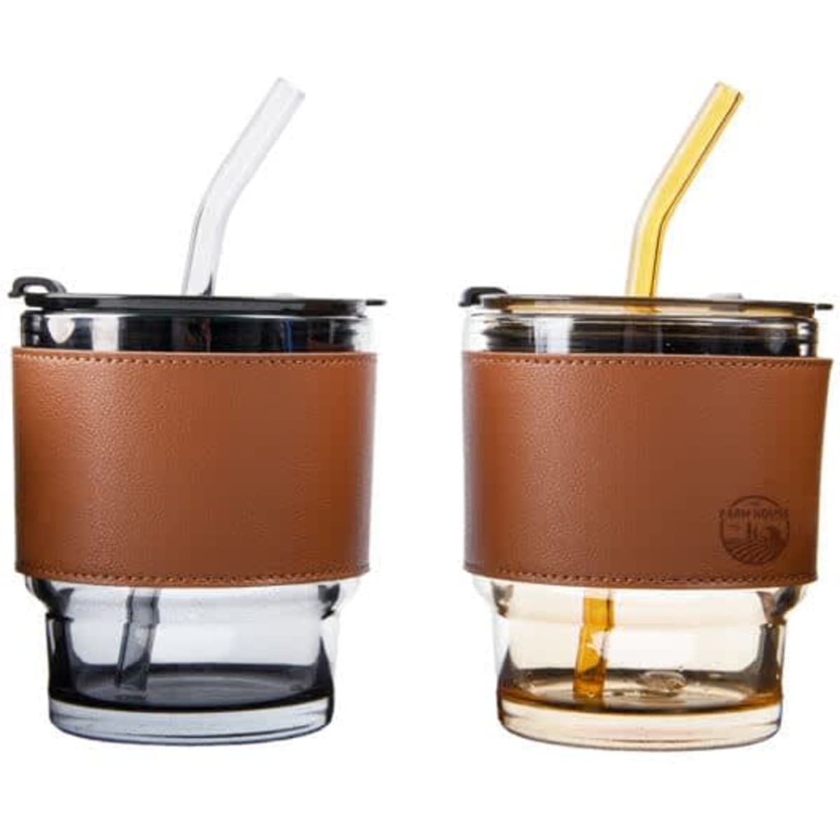 A drink bottle set featuring two glass coffee cups with lids, straws, and brown leather sleeves.