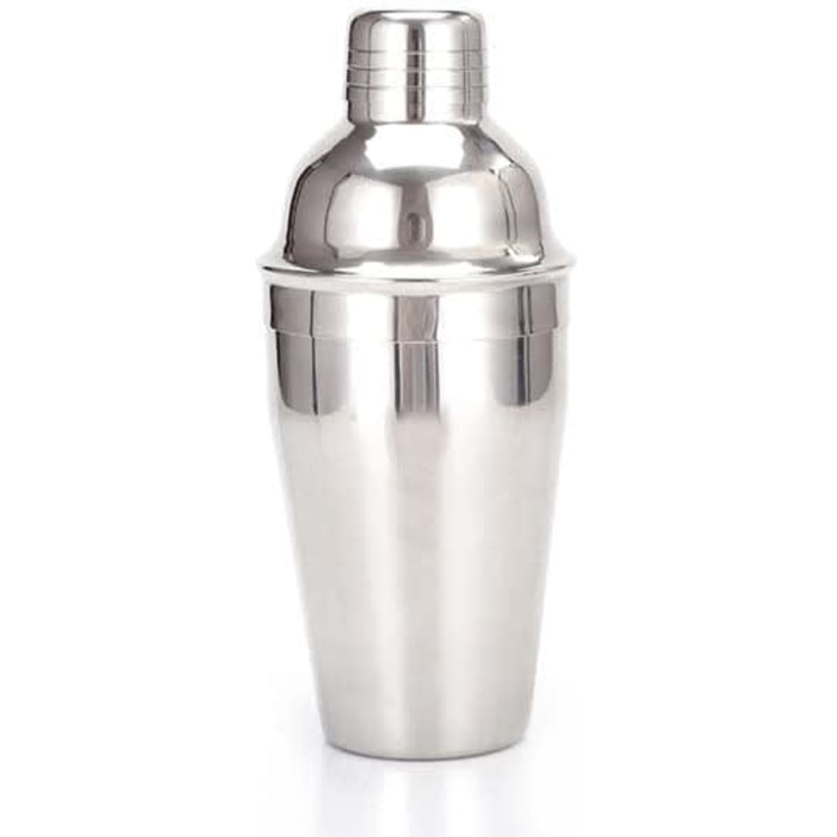A stainless steel cocktail shaker in a sleek, polished silver finish, featuring a logo on its body.