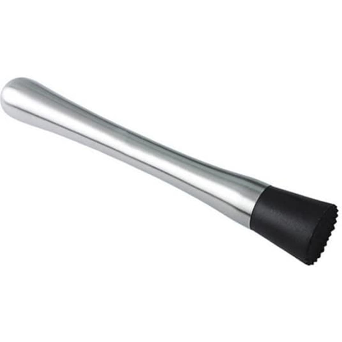 A stainless steel cocktail muddler with a black rubber end, featuring a sleek, shiny finish.