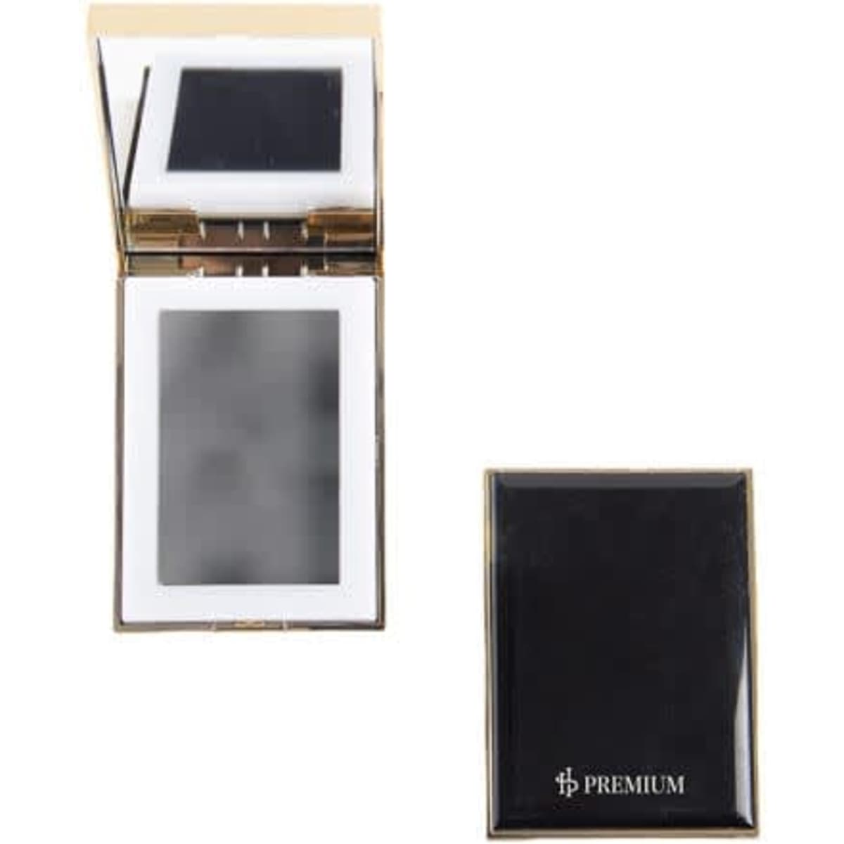A mini folding makeup mirror with LED light, featuring a gold frame and a sleek black exterior.