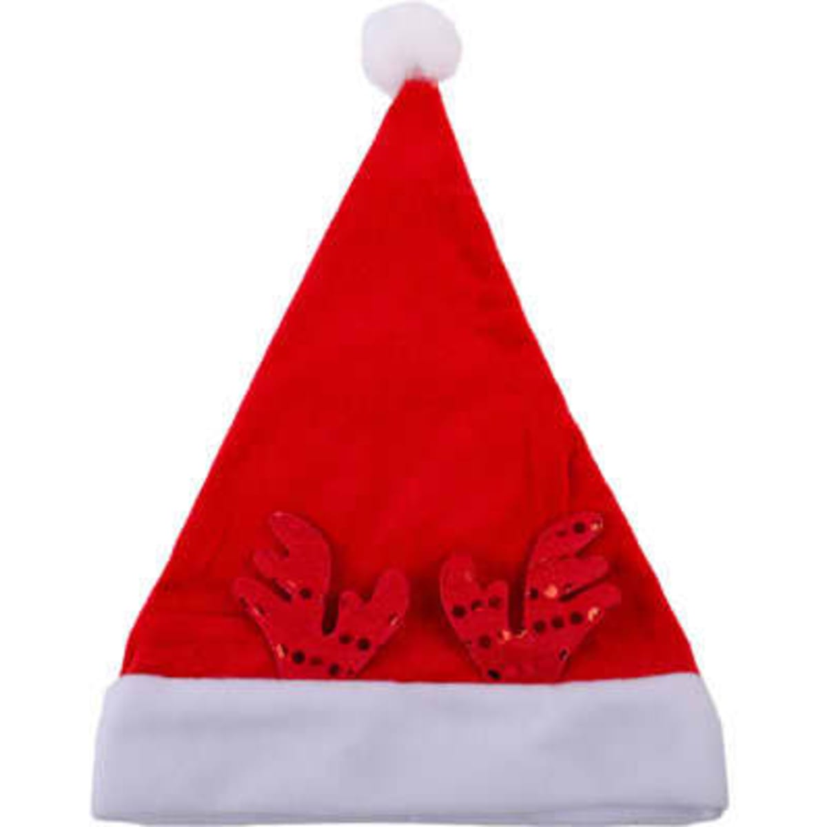 A red Santa hat featuring white trim and decorative reindeer antlers with sparkly accents.