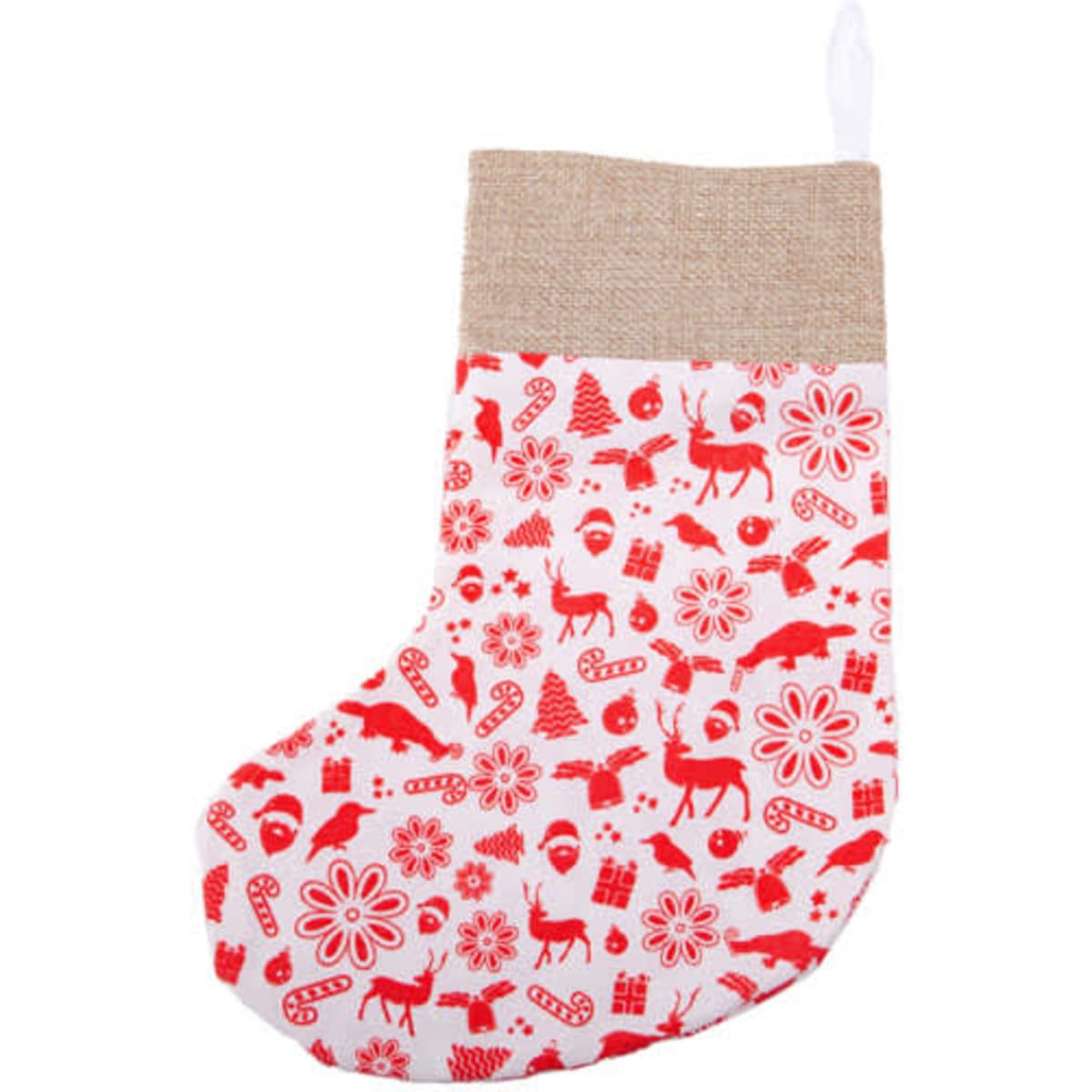 A festive red and white Christmas stocking featuring various holiday patterns, with a natural burlap top and a hanging loop.