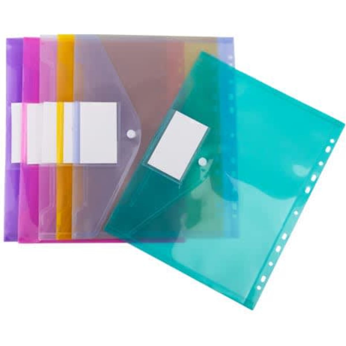 A set of clear plastic pocket binders in various colours, featuring multiple holes for easy organisation.