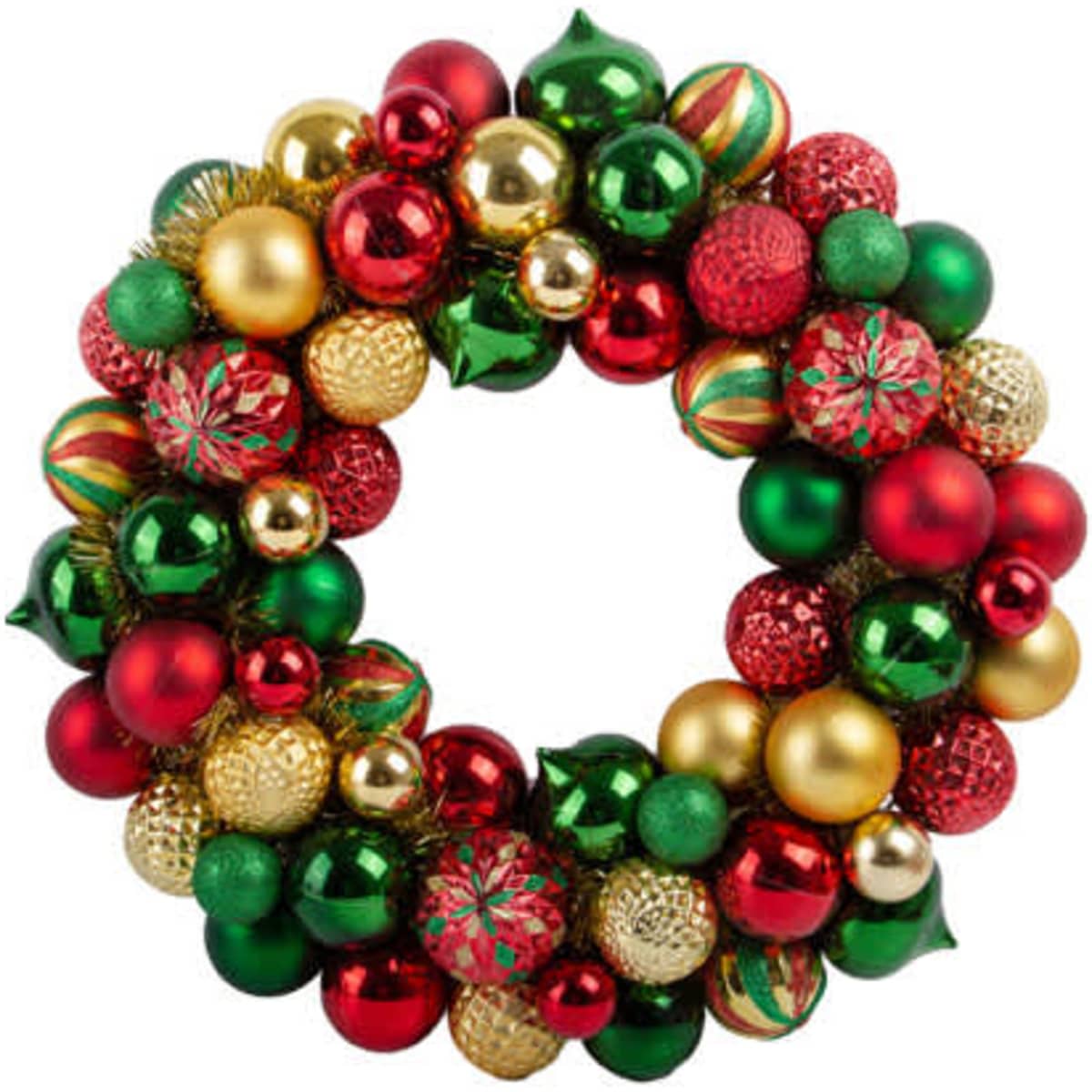 A circular wreath adorned with red, green, and gold decorative balls in various sizes and textures.