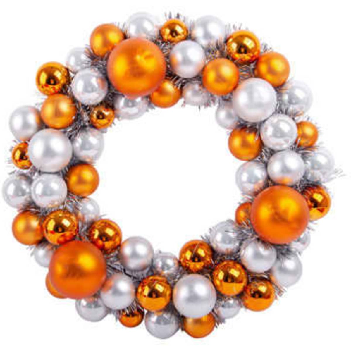 A decorative wreath featuring orange and silver ornaments, complemented by tinsel accents. Ideal for Christmas decor.