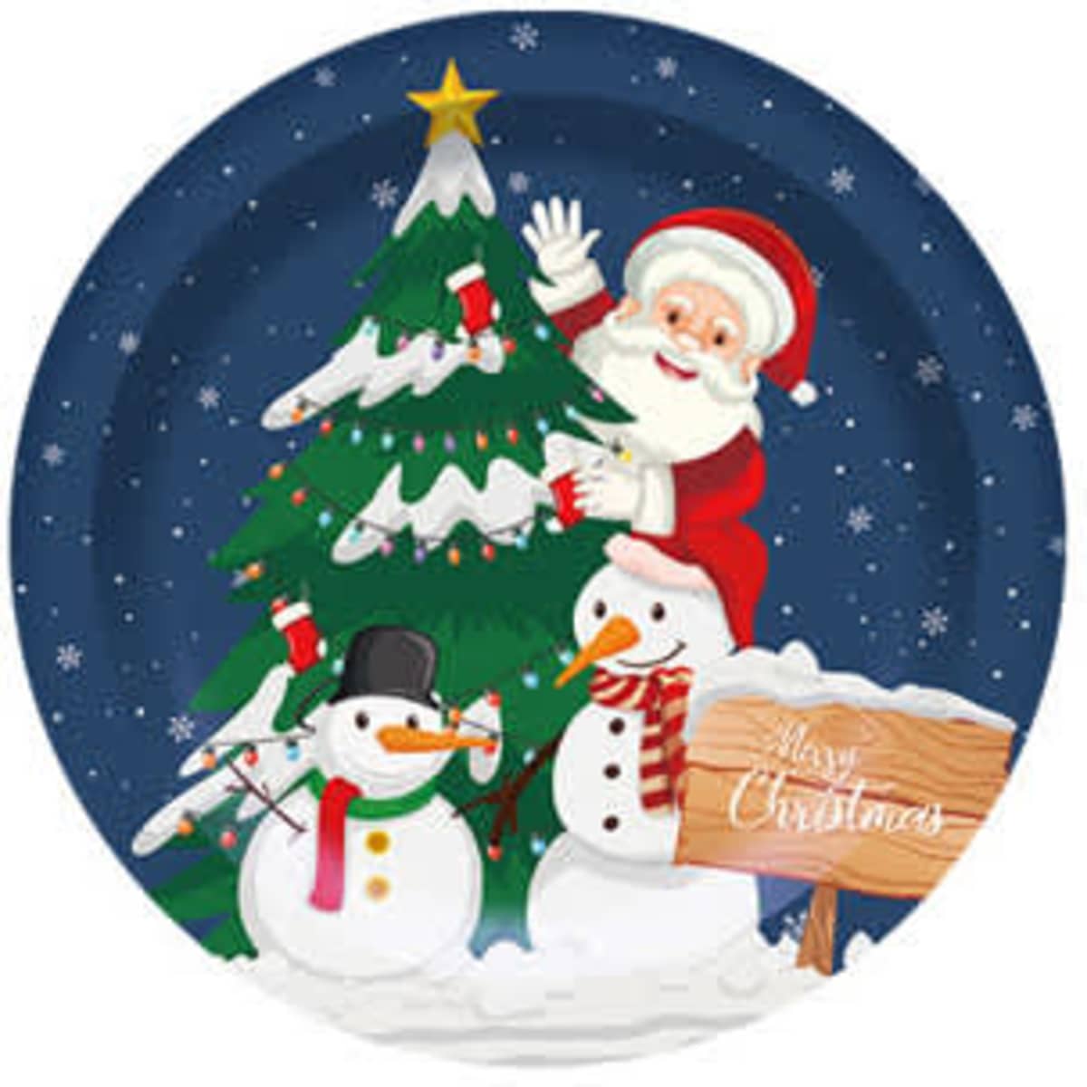 A festive disposable plate featuring Santa Claus, a Christmas tree, and snowmen against a blue background.