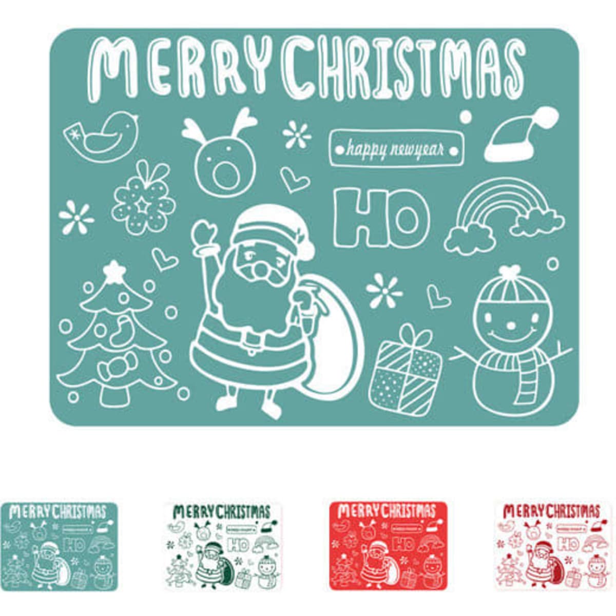 A turquoise silicone placemat featuring festive illustrations, including Santa, a snowman, and Christmas trees, with branding present.
