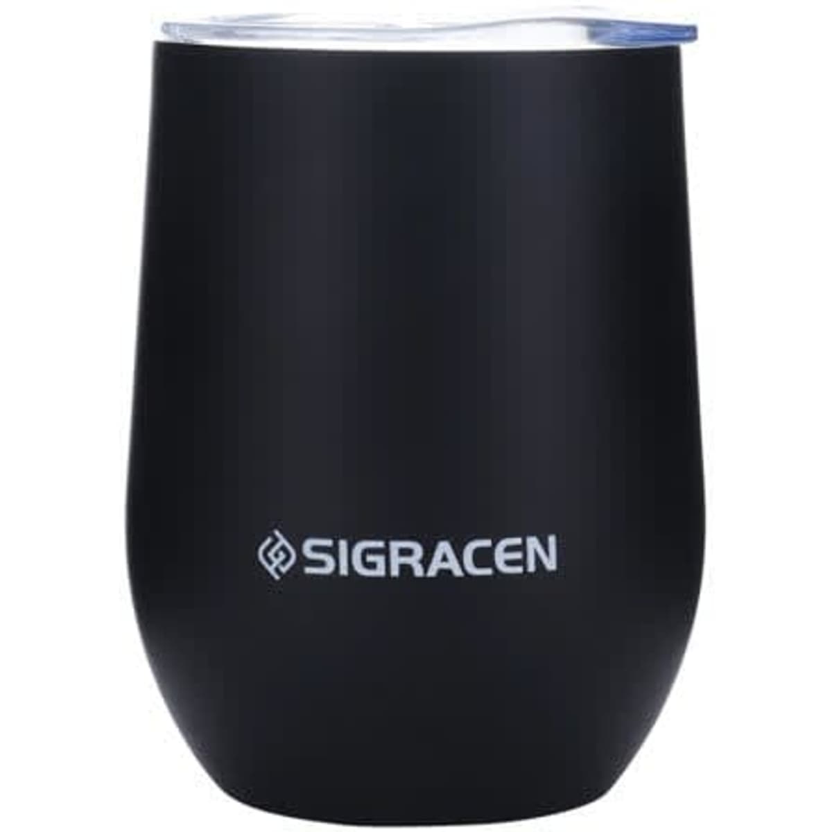 A drink tumbler in matte black, featuring a lid and a logo, designed for insulated beverage use.