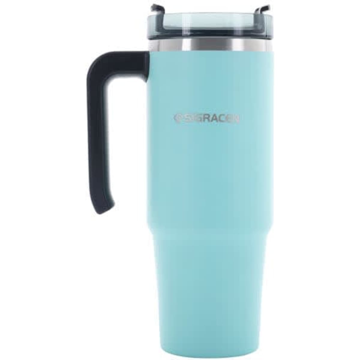 A drink bottle featuring a light blue exterior, stainless steel interior, and a black handle. It has a logo.