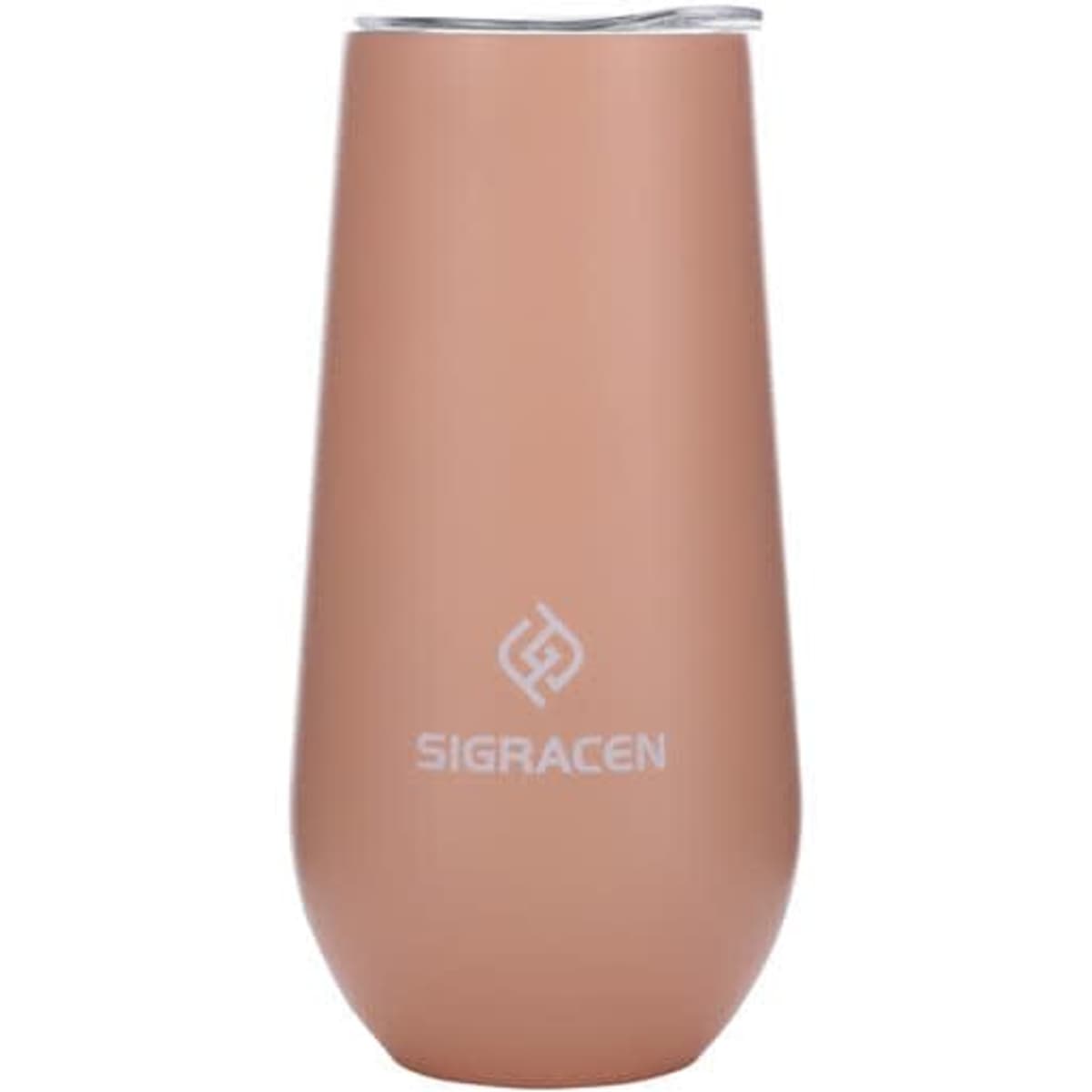 A drink bottle in a muted pink hue with a stainless steel finish and a clear lid. It features a logo.