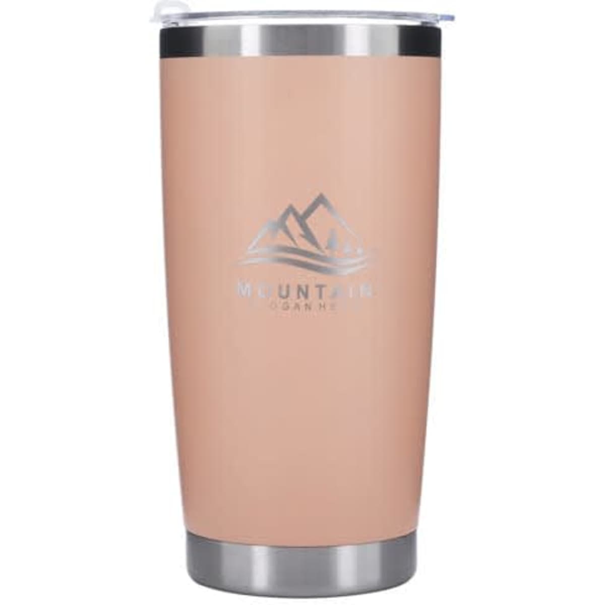 A drink bottle featuring a light pink stainless steel design with a stainless steel rim and a logo.