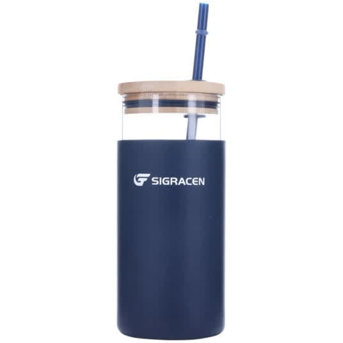 A drink bottle featuring a navy glass tumbler, bamboo lid, silicone sleeve, and a straw, with a logo on the side.