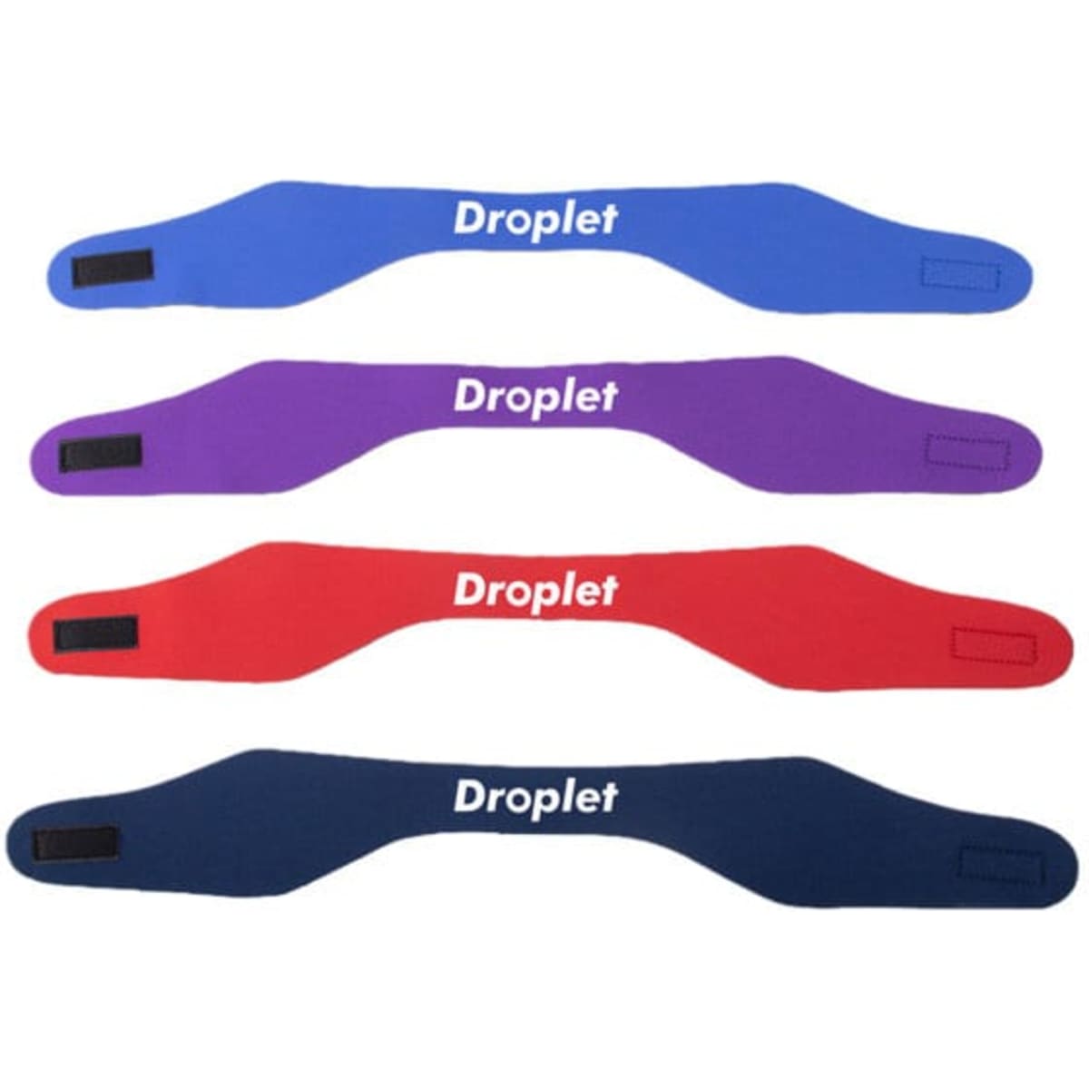 Four neoprene swimming headbands in blue, purple, red, and navy, each featuring a brand logo.