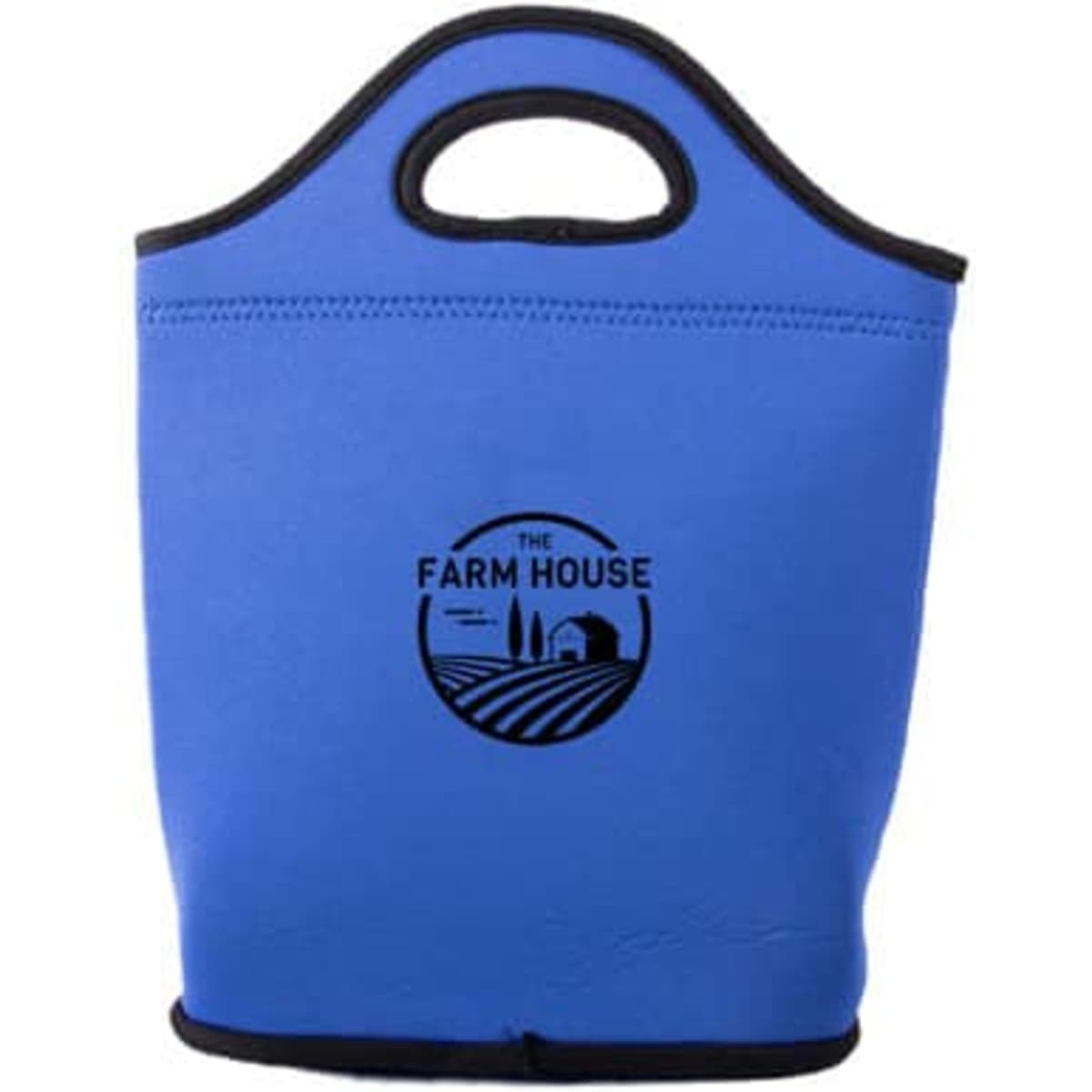 A blue neoprene lunch bag with a logo on the front and a handle at the top.
