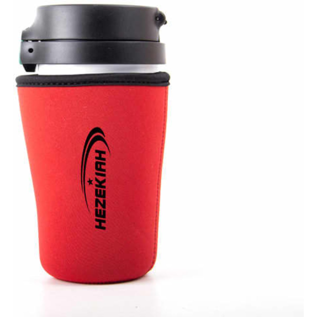 A drink bottle with a black lid, wrapped in a bright red neoprene sleeve featuring a logo.