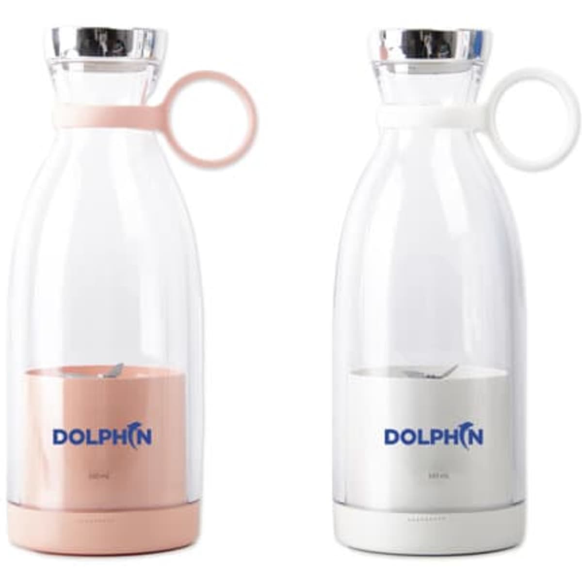 A drink bottle in pink and a drink bottle in white, both with a silver lid and a handle, featuring a logo.