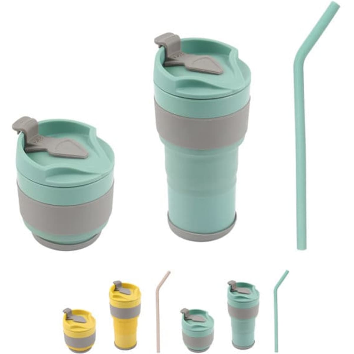 A drink bottle featuring a collapsible design, available in aqua and grey, with a grey straw and a yellow variant.