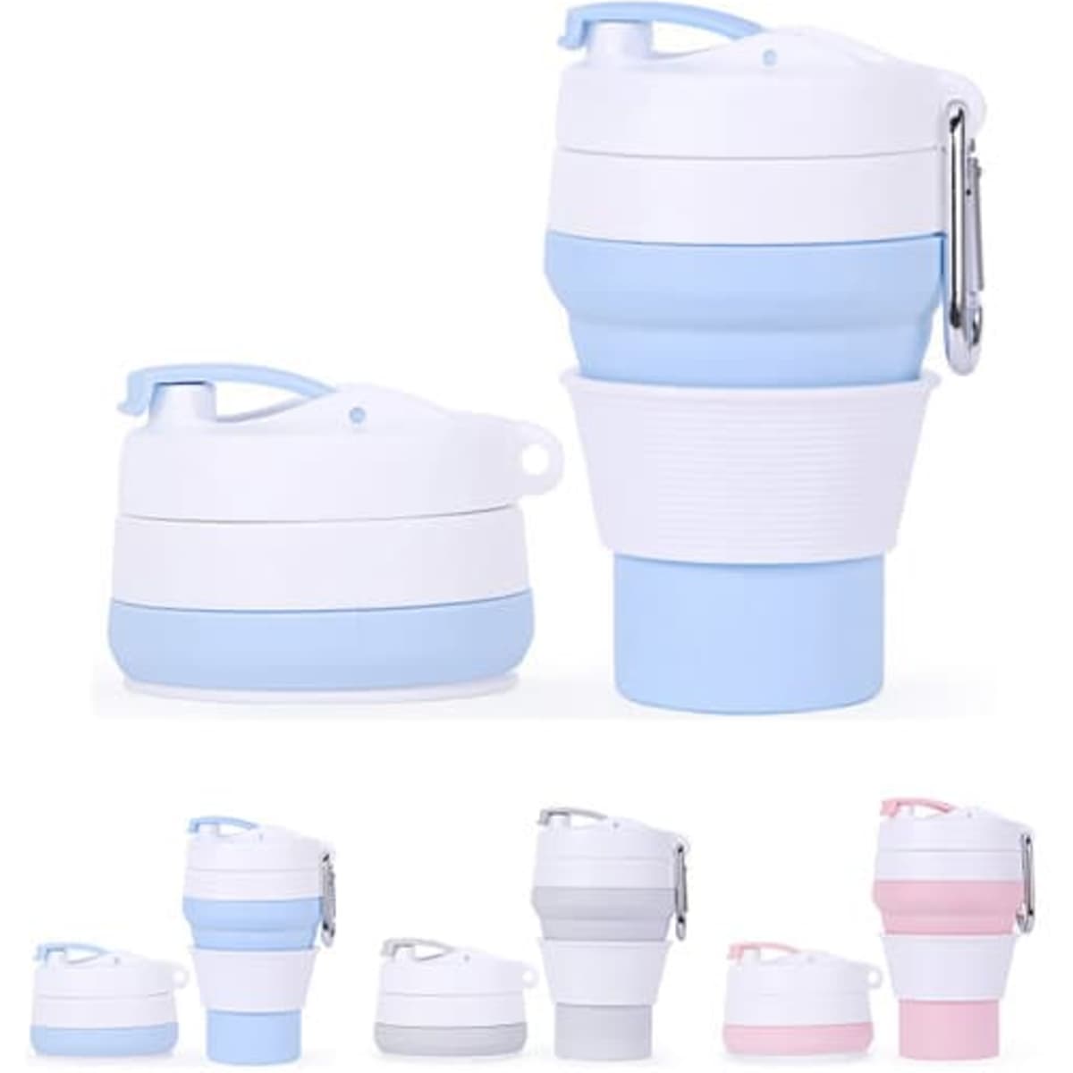 A foldable silicone cup in blue and white, with a carabiner clip, shown in various sizes and colours. Contains a logo.