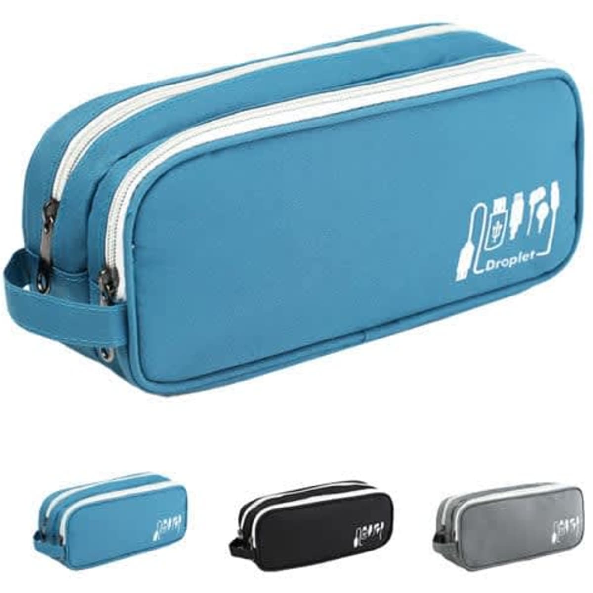 A blue portable multifunctional digital storage bag featuring two compartments, with a silver logo and available in grey and black options.
