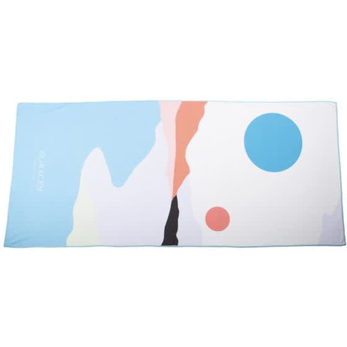 A premium microfiber beach towel in pastel blue, coral, and black with abstract designs and a logo.