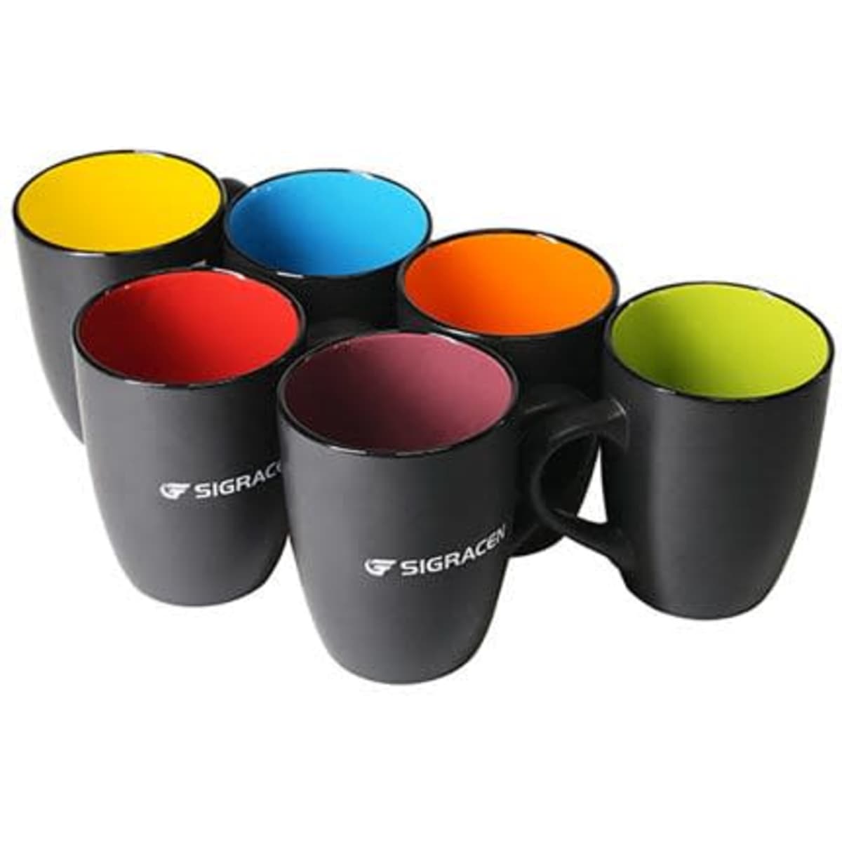 A black matte ceramic mug with a coloured interior in yellow, blue, red, orange, purple, and green. Features a logo.