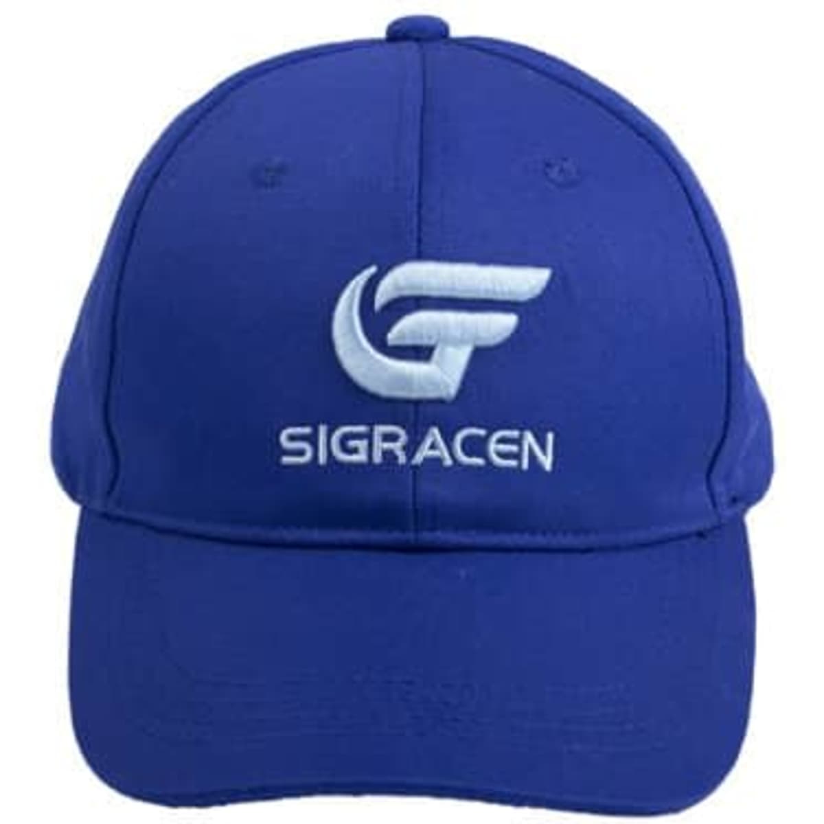 A blue polyester baseball cap with a logo on the front. Features a curved brim and adjustable strap.