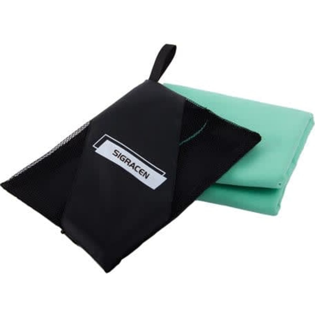 A teal microfiber beach towel folded with a black pouch featuring a logo. Ideal for leisure and outdoor use.