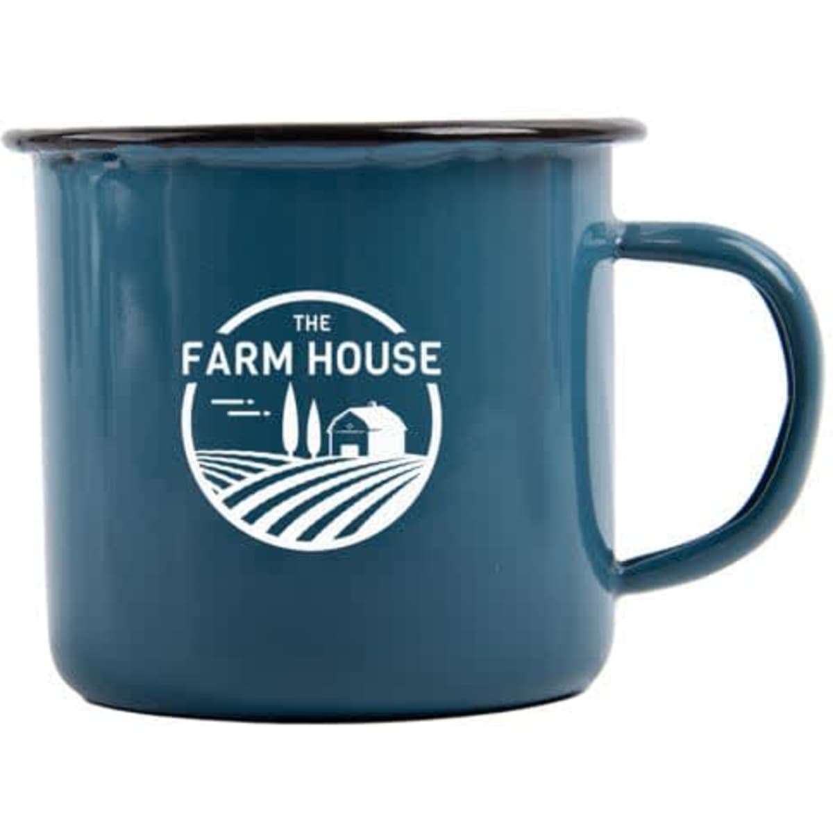 A teal enamel camping mug with a black rim and a logo featuring a barn and fields.