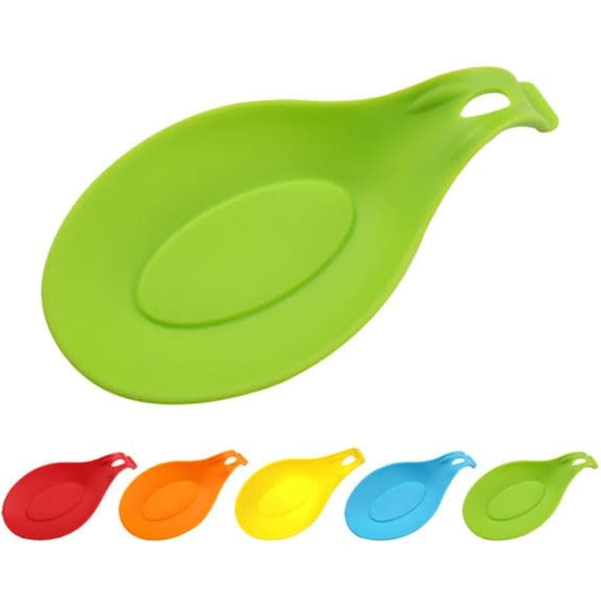 A green silicone spoon rest with a smooth surface, accompanied by red, yellow, and orange versions below. It features a logo.