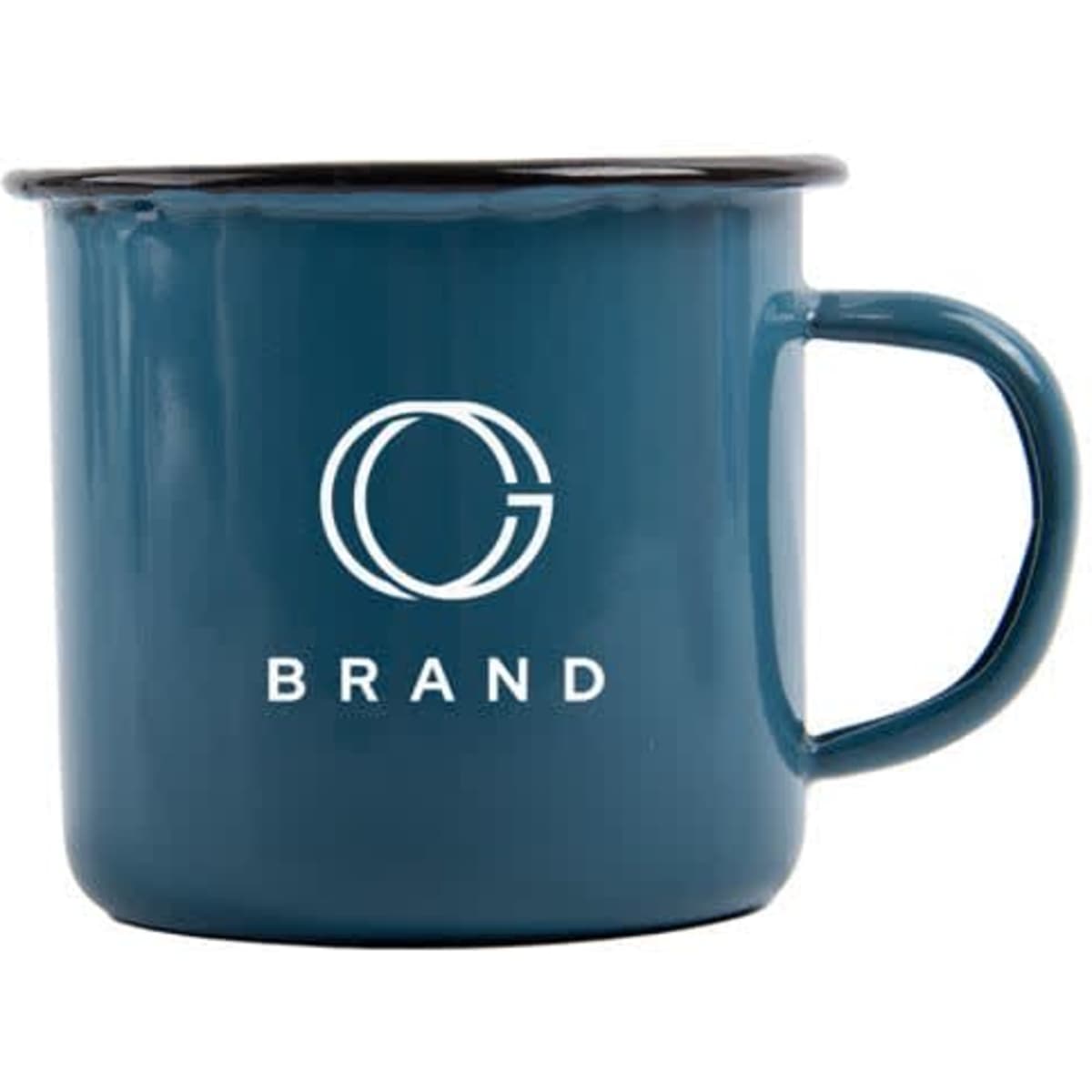 A teal enamel campfire mug with a black rim and a logo on the front. Ideal for outdoor drinking.