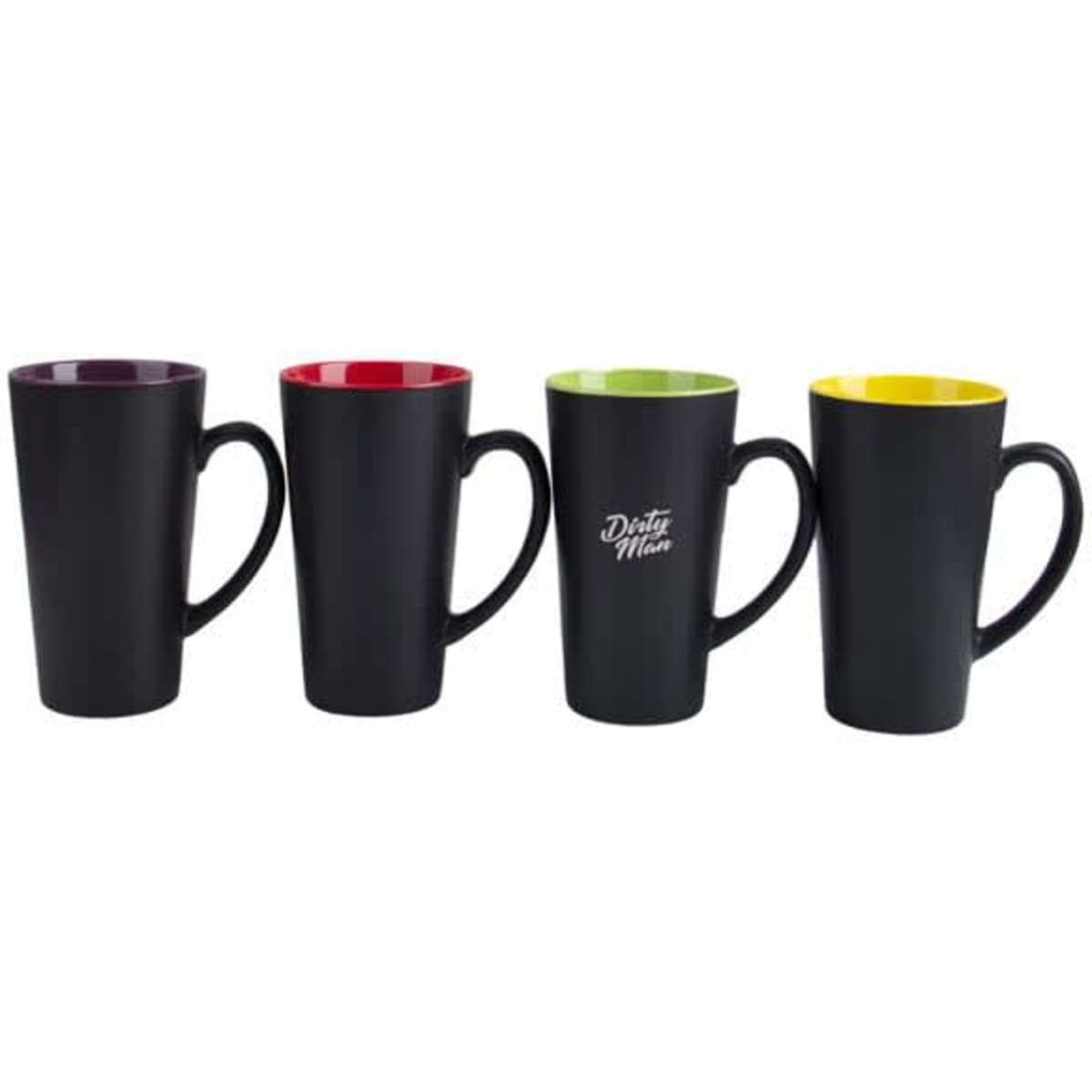 A drinkware set featuring four black matte finish mugs with contrasting brightly coloured interiors and logos.