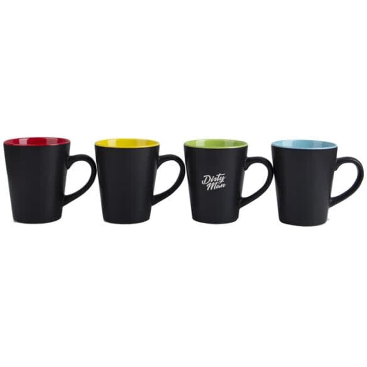 A set of four black ceramic coffee mugs with contrasting coloured interiors in red, yellow, green, and blue. Each mug has a logo.