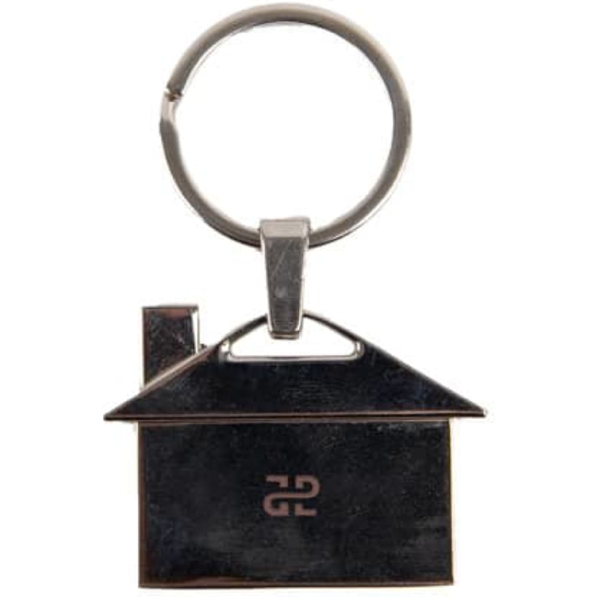 A silver house-shaped keychain with a metal ring. The keychain features a small chimney detail.