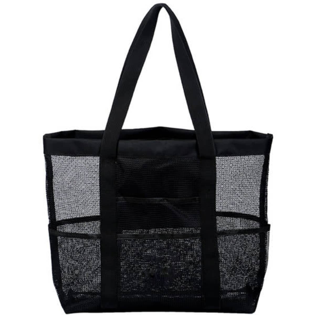 A black mesh tote bag with sturdy handles and an open design for easy access. It features a logo on the front.