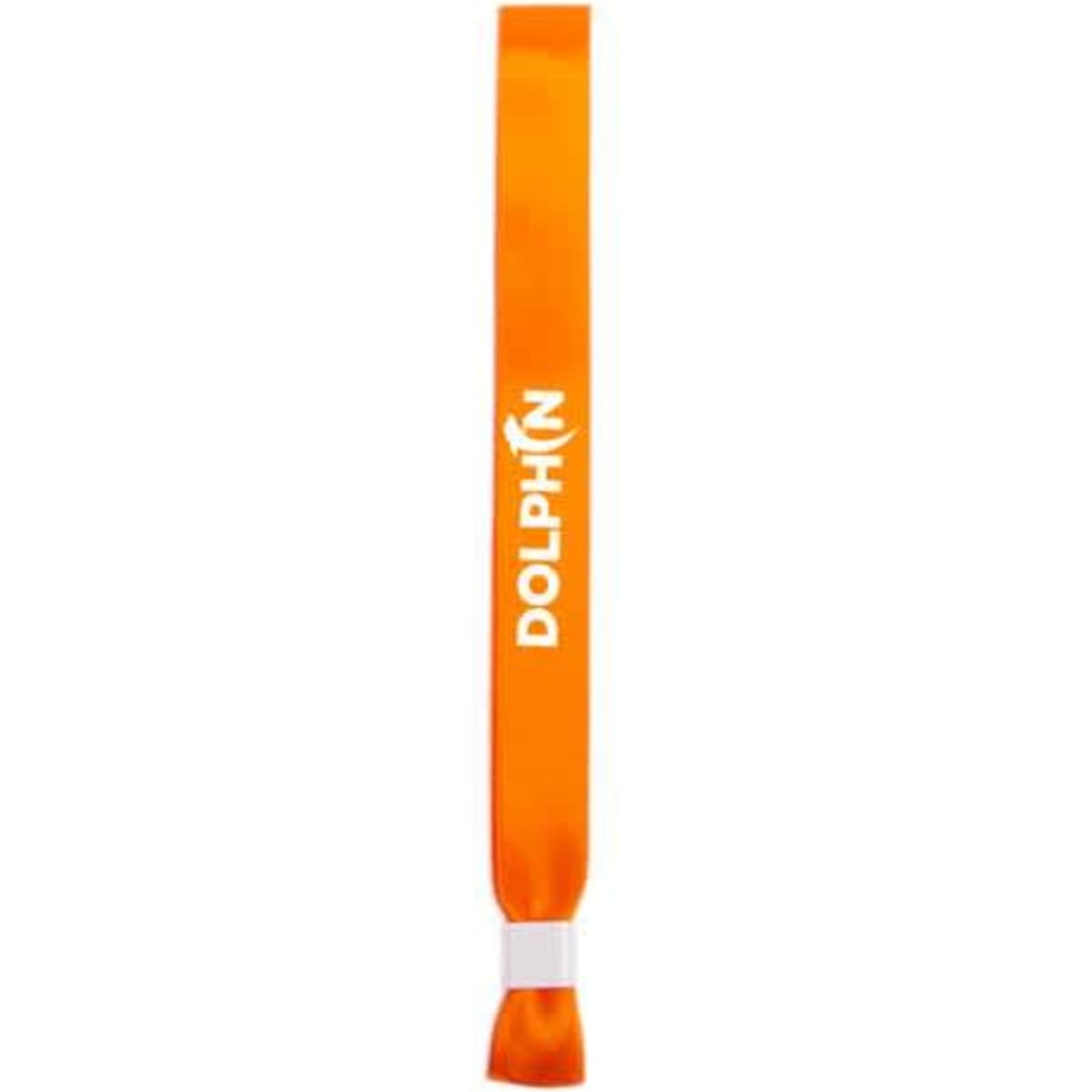 An orange fabric wristband featuring a logo, designed for events and exhibitions.