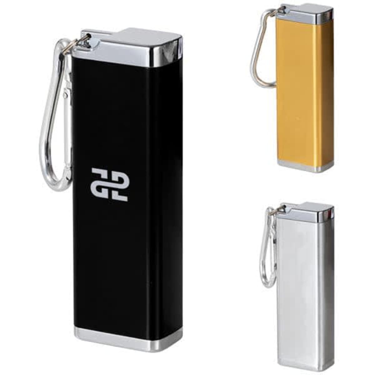 A portable aluminium alloy cigarette case available in black, gold, and silver, featuring a carabiner clip and logo.
