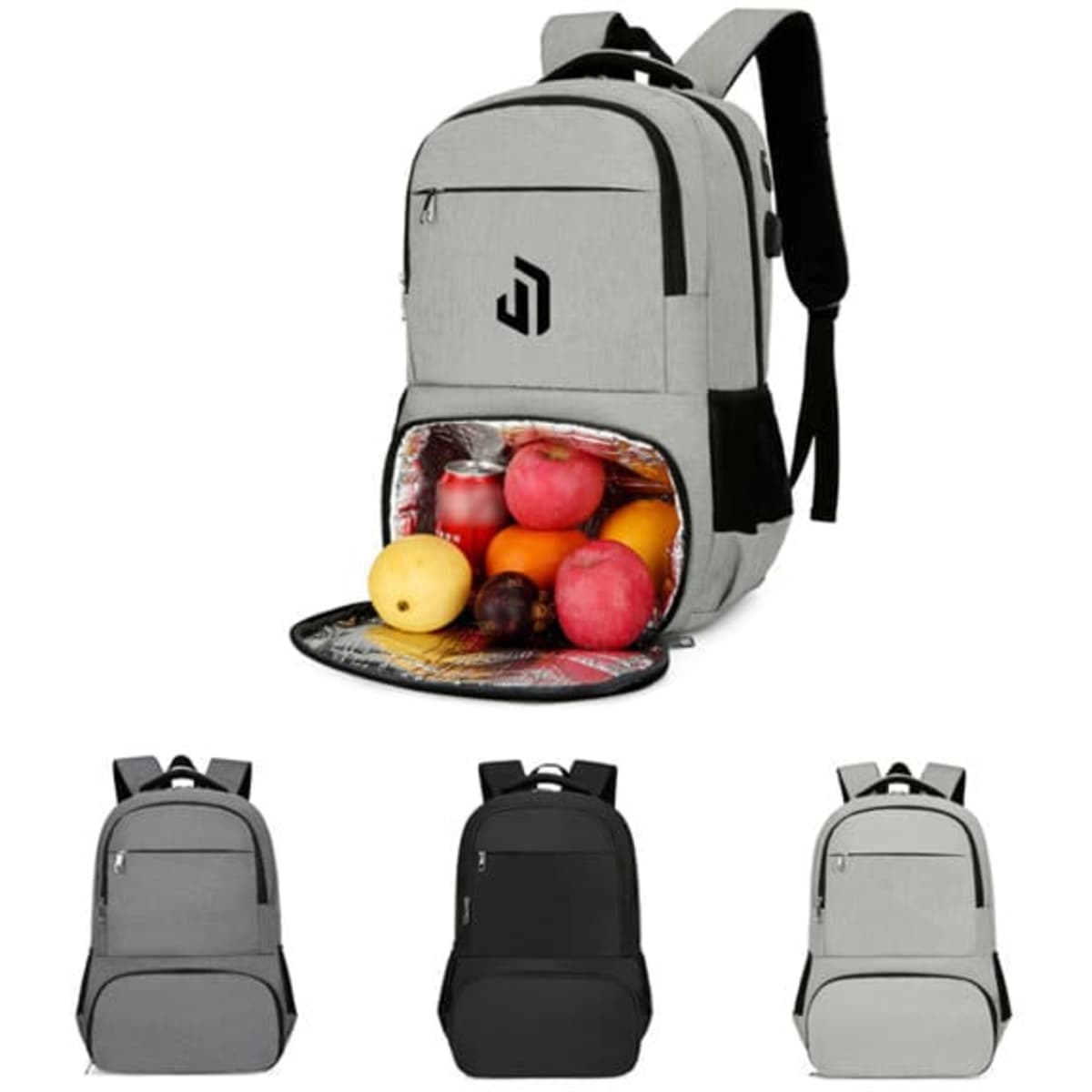 A grey insulated travel backpack with a zipped compartment filled with various fruits. Branding is visible on the front.