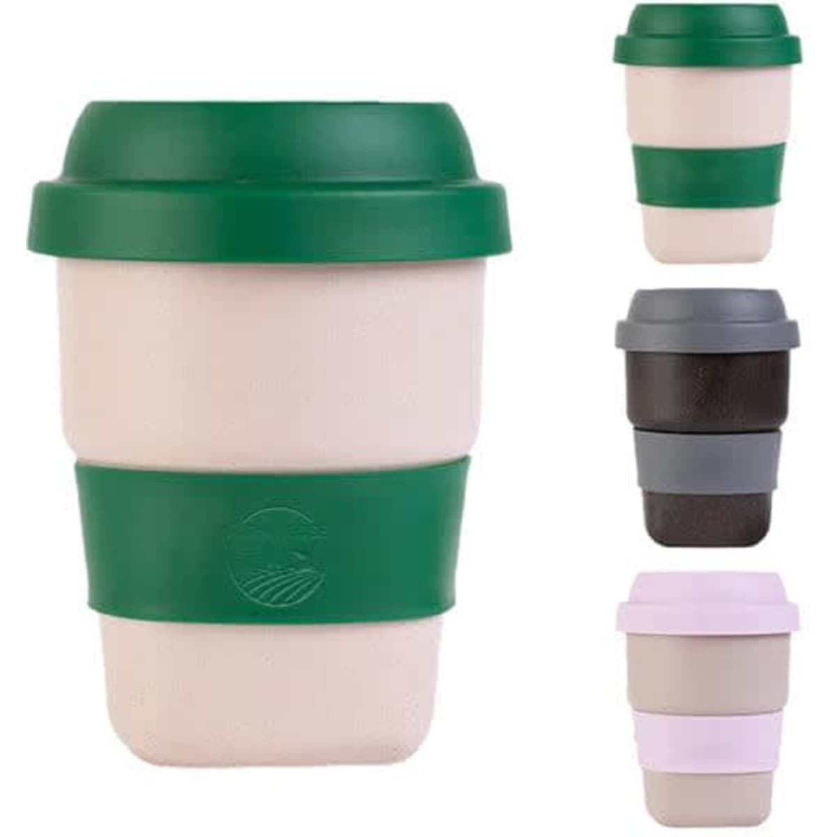 A reusable coffee cup featuring a green silicone lid, available in multiple colours: white, grey, and light pink.