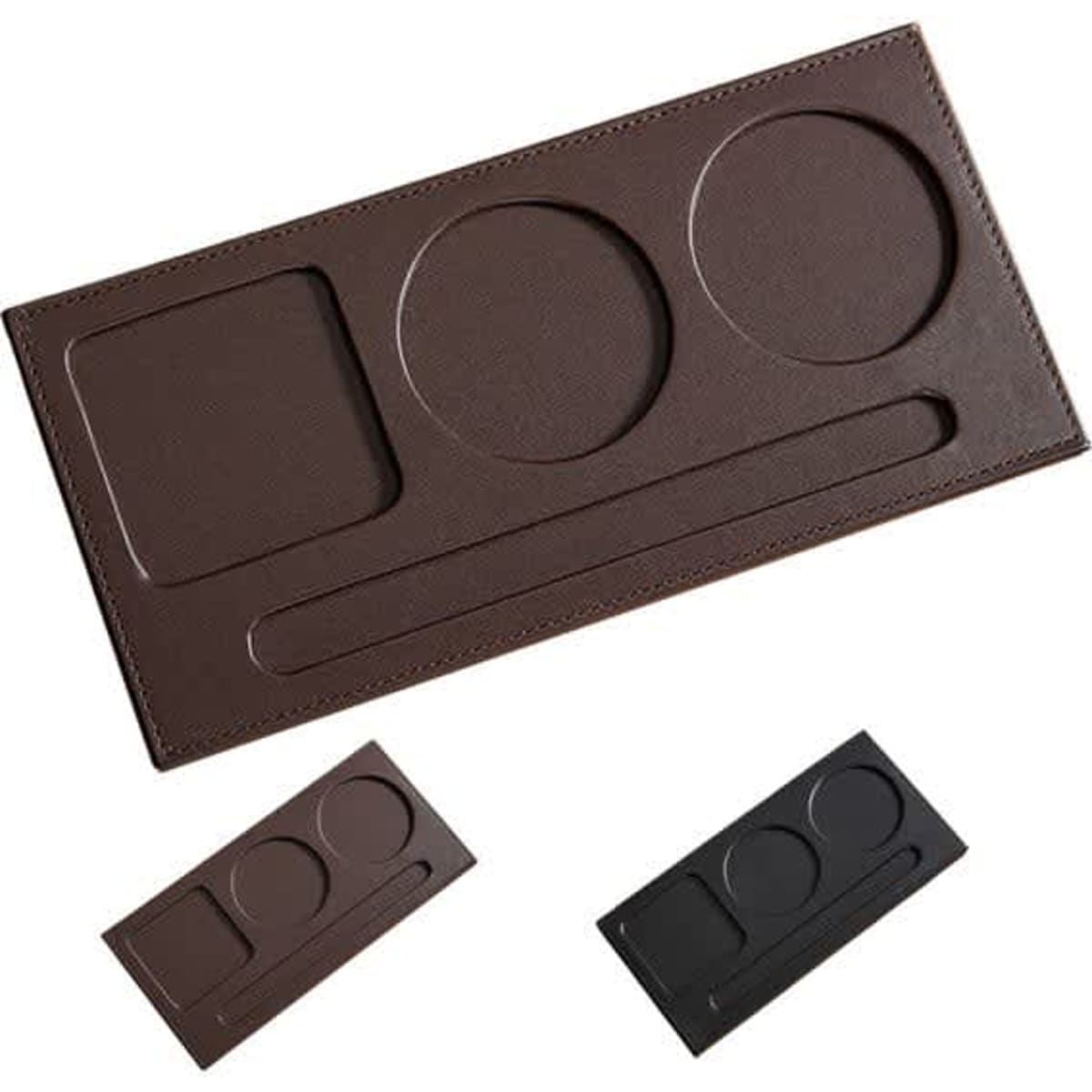 A PU leather coaster set in dark brown with two circular sections, a square slot, and a pen holder.