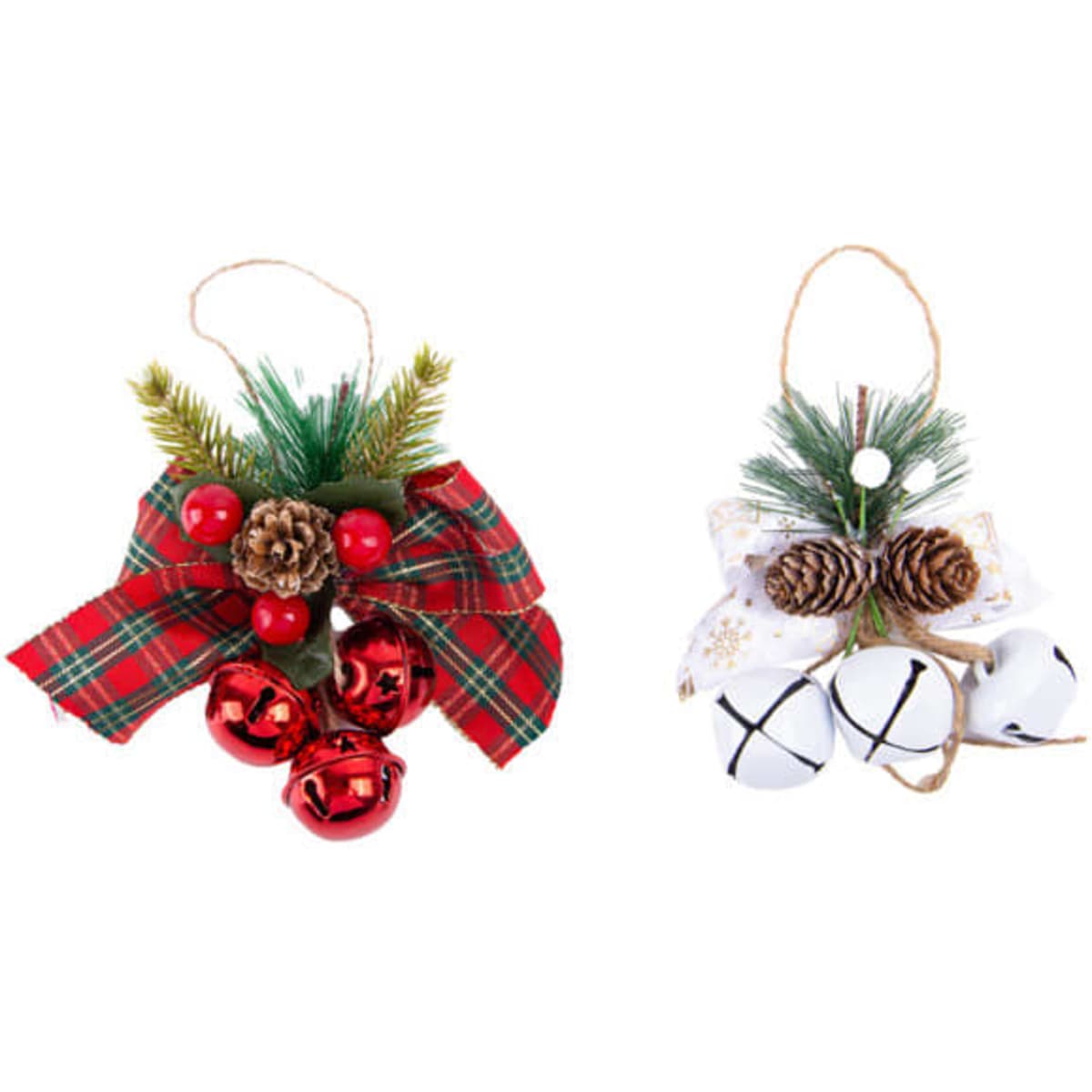 Two decorative Christmas bow bell pendants. One features red bells and a plaid bow, while the other has white bells and a floral bow.