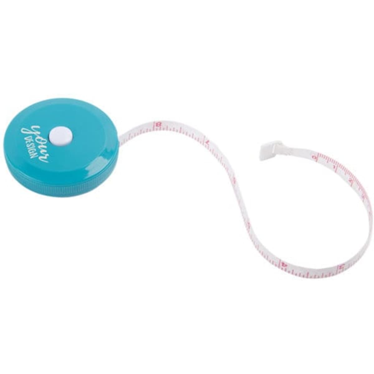 A teal round retractable tape measure with a white measuring tape featuring markings. It has a logo on the surface.