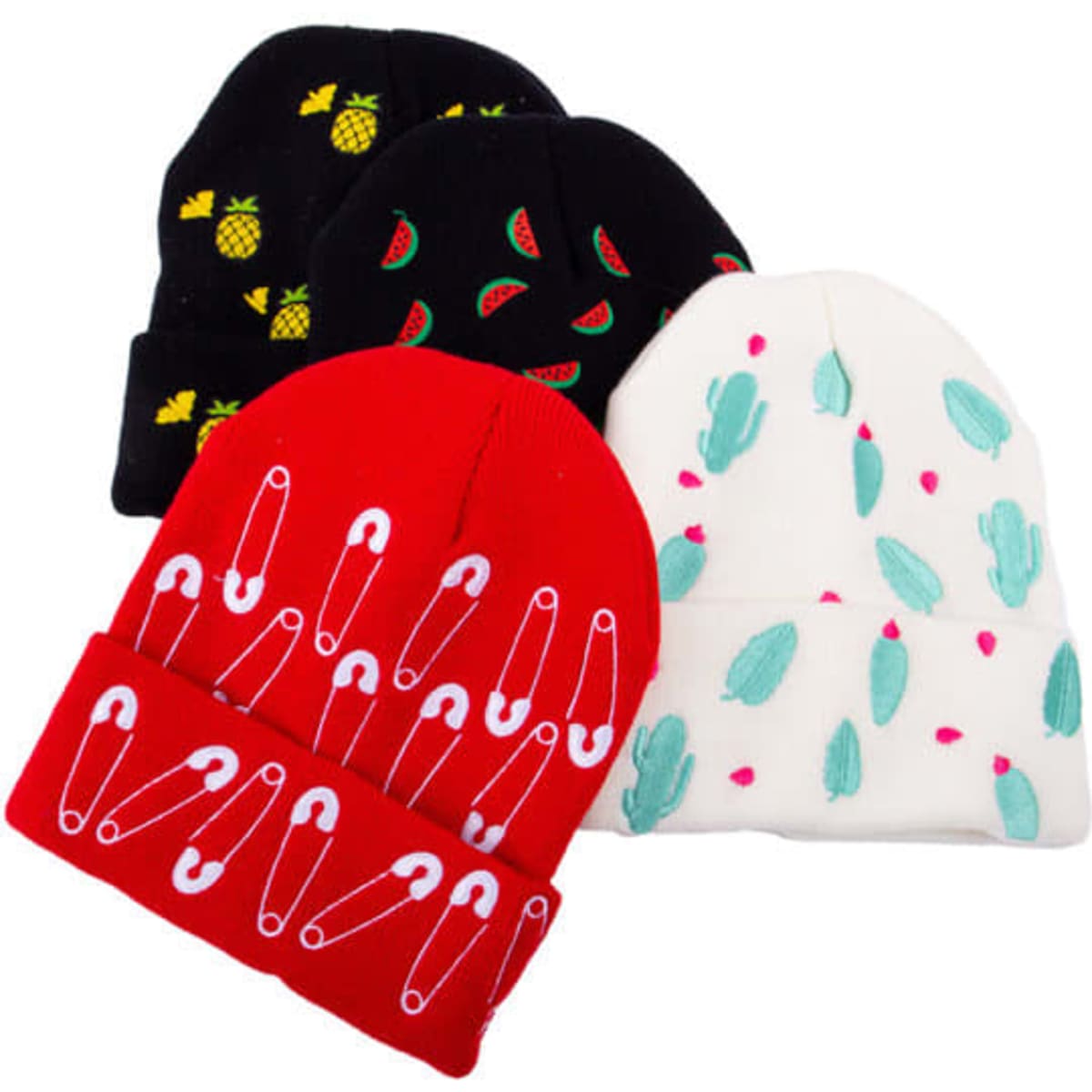 A collection of four cuffed beanies in red, black, white, and pink, featuring various playful patterns and designs.