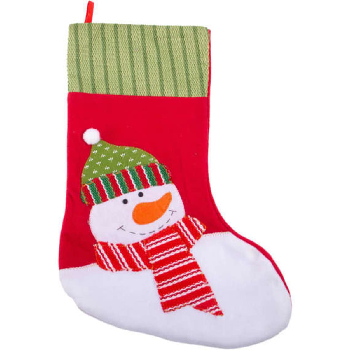 A red Christmas stocking featuring a snowman with a green and red hat and a striped scarf.