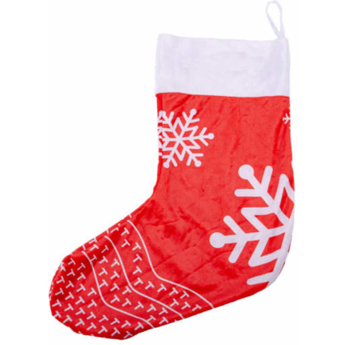 A red decorative Christmas stocking with white snowflake patterns, featuring a loop for hanging.