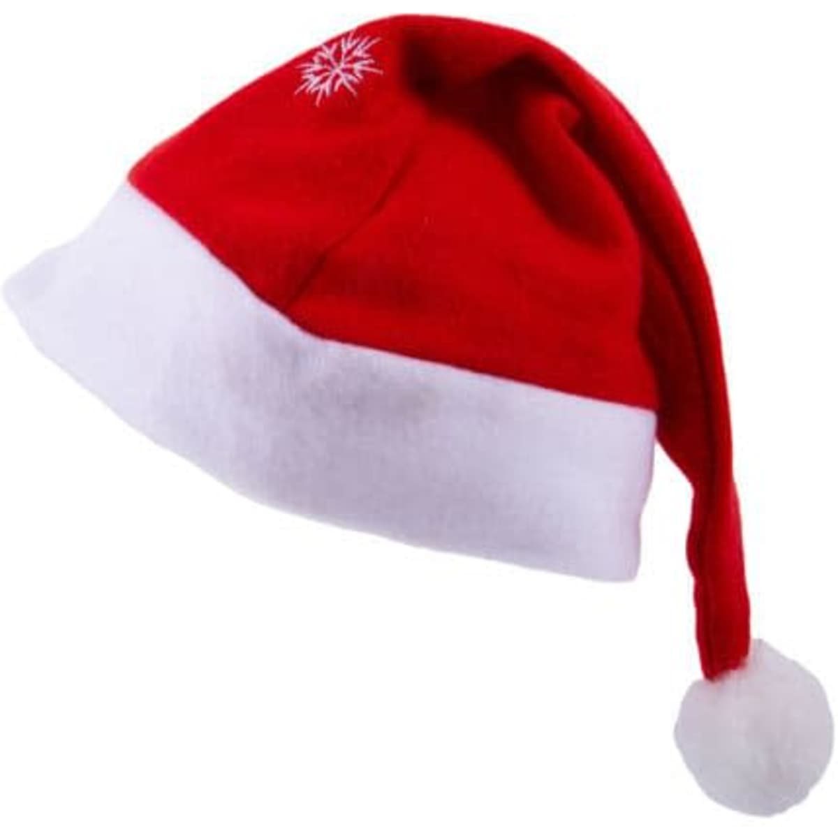 A red Santa hat with a white brim and pom-pom, featuring a snowflake design.
