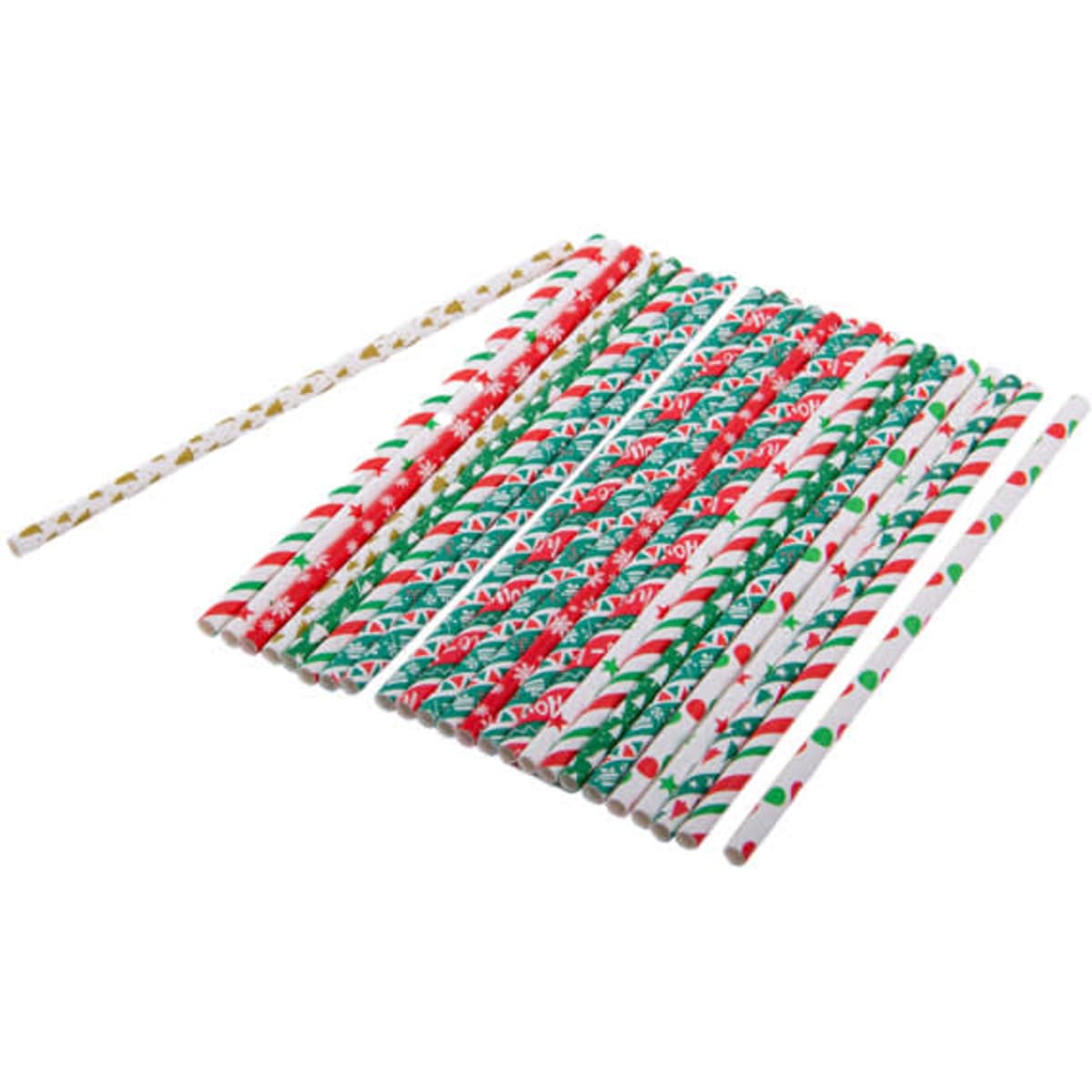 A collection of custom paper straws in festive red, green, and white designs, arranged neatly in rows.