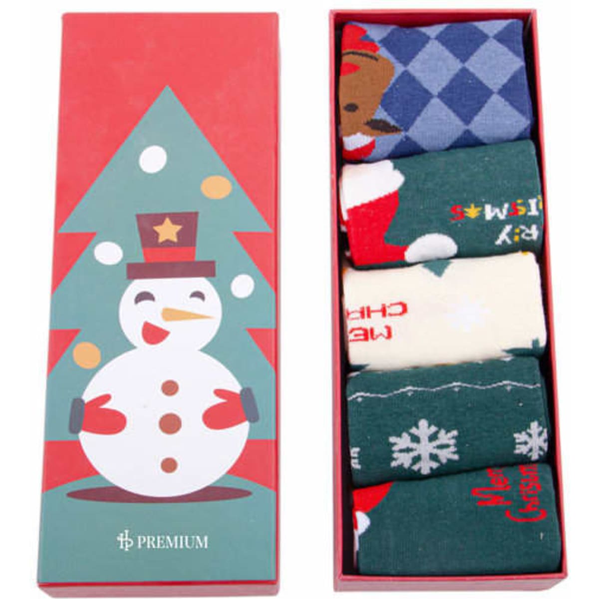 A gift box containing five pairs of Christmas-themed socks, featuring various festive colours and designs.